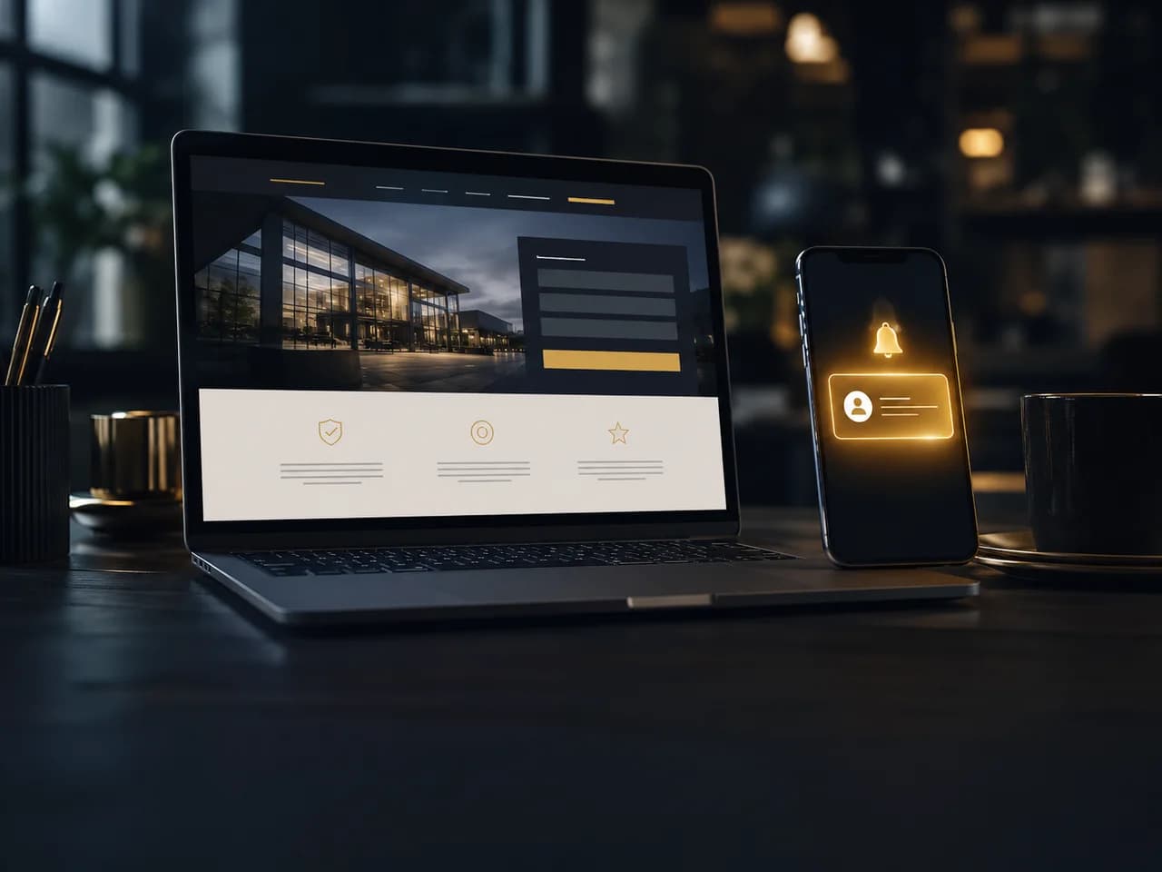 Laptop mit Dienstleister-Website, daneben ein Smartphone mit goldener Anfrage-Benachrichtigung