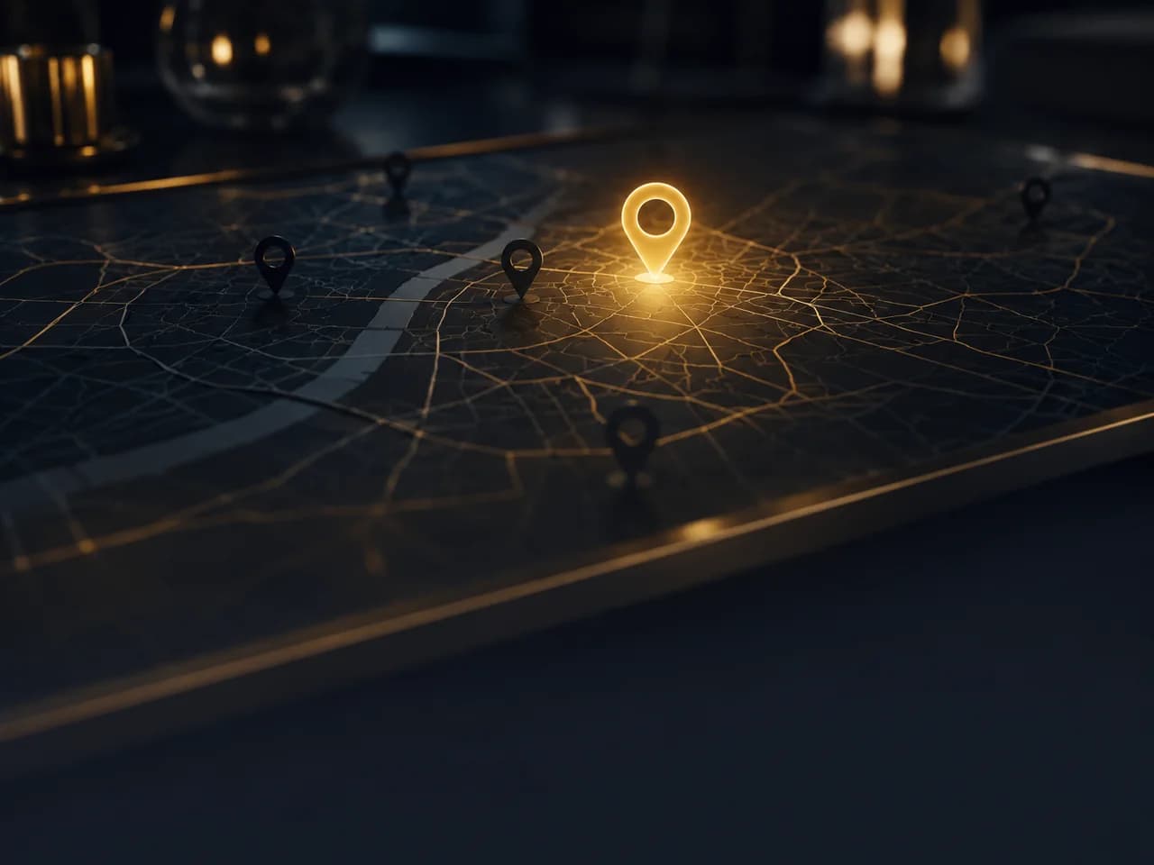 Dunkle Stadtkarte, ein goldener Standort-Pin leuchtet hell heraus