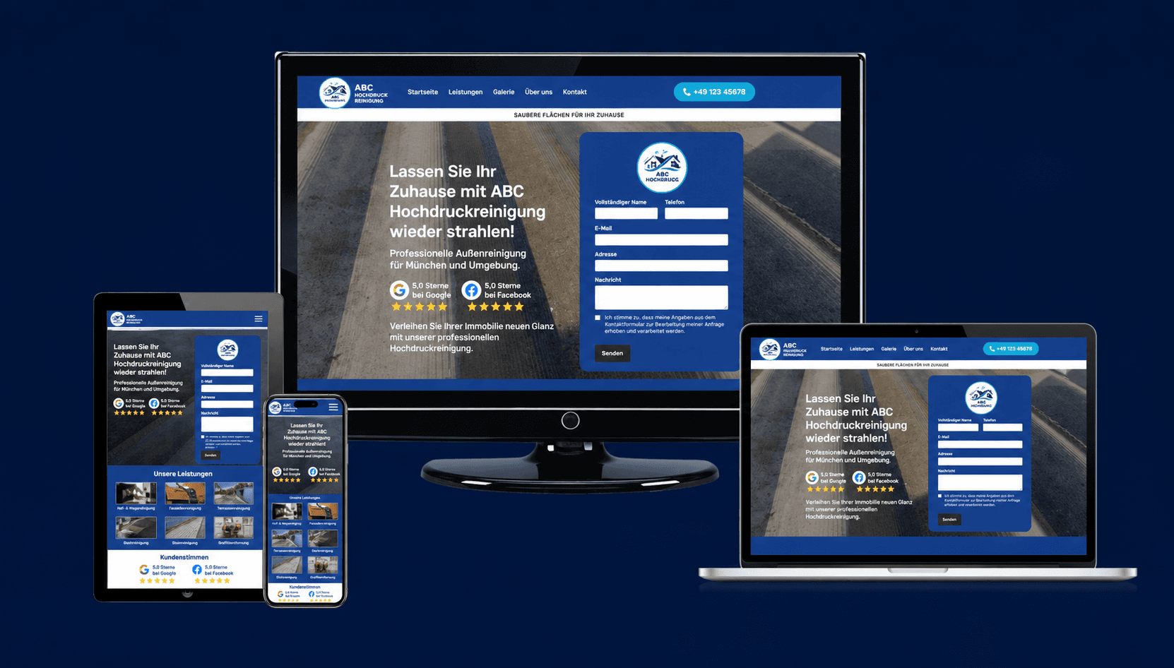 Mehrgeräte-Mockup einer Hochdruckreinigungs-Website "ABC" mit blauem Hero, hellen CTA-Karten und Bewertungsblock auf Desktop, Laptop, Tablet und Smartphone.