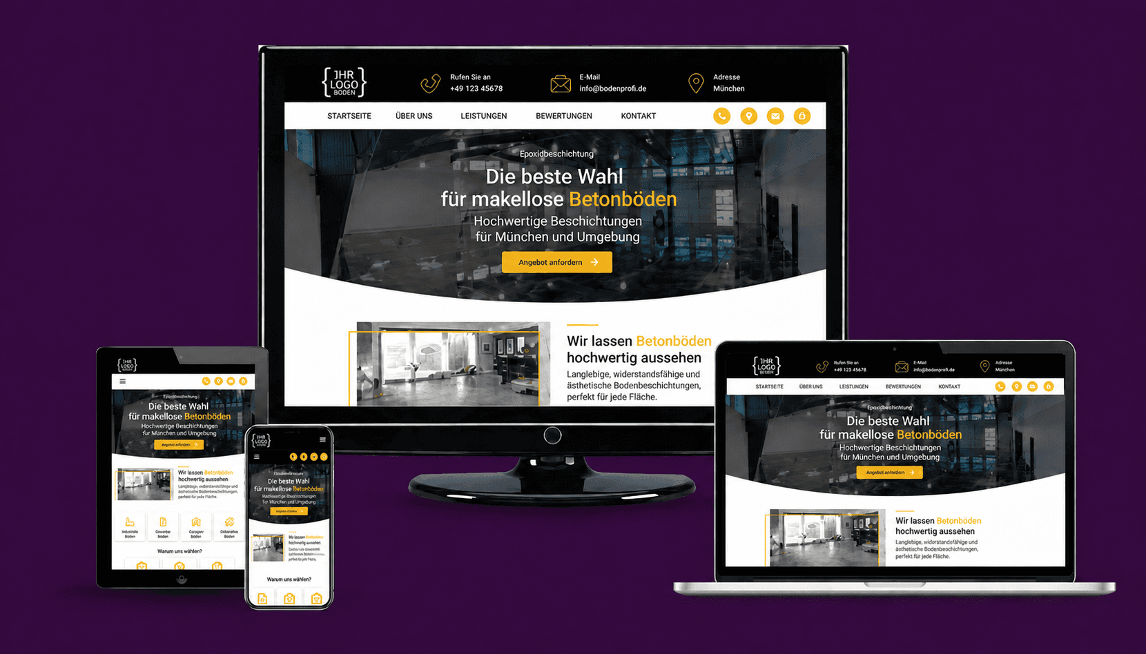 Mehrgeräte-Mockup einer Website für makellose Betonböden mit dunklem Hero, Industriefoto und gelben CTAs auf Desktop, Laptop, Tablet und Smartphone.