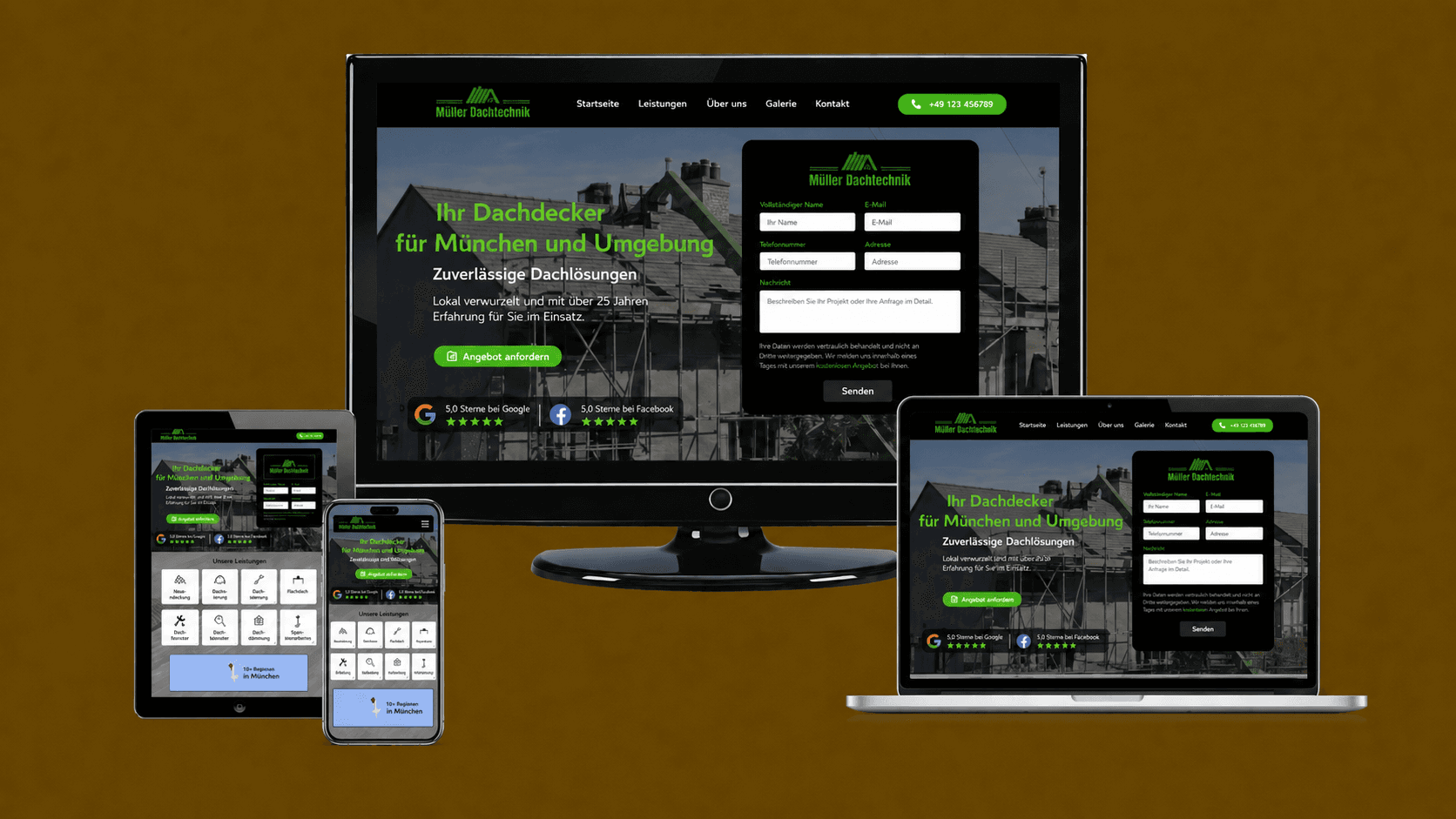 Mehrgeräte-Mockup einer Dachdecker-Website für München und Umgebung mit dunklem Hero, grünen Akzenten und Anfrageformular auf Desktop, Laptop, Tablet und Smartphone.