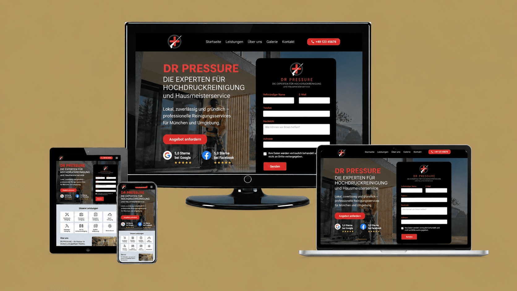 Mehrgeräte-Mockup einer Hochdruckreinigungs-Website "DR PRESSURE" mit dunklem Hero, Anfrageformular und gelb-roten Akzenten auf Desktop, Laptop, Tablet und Smartphone.