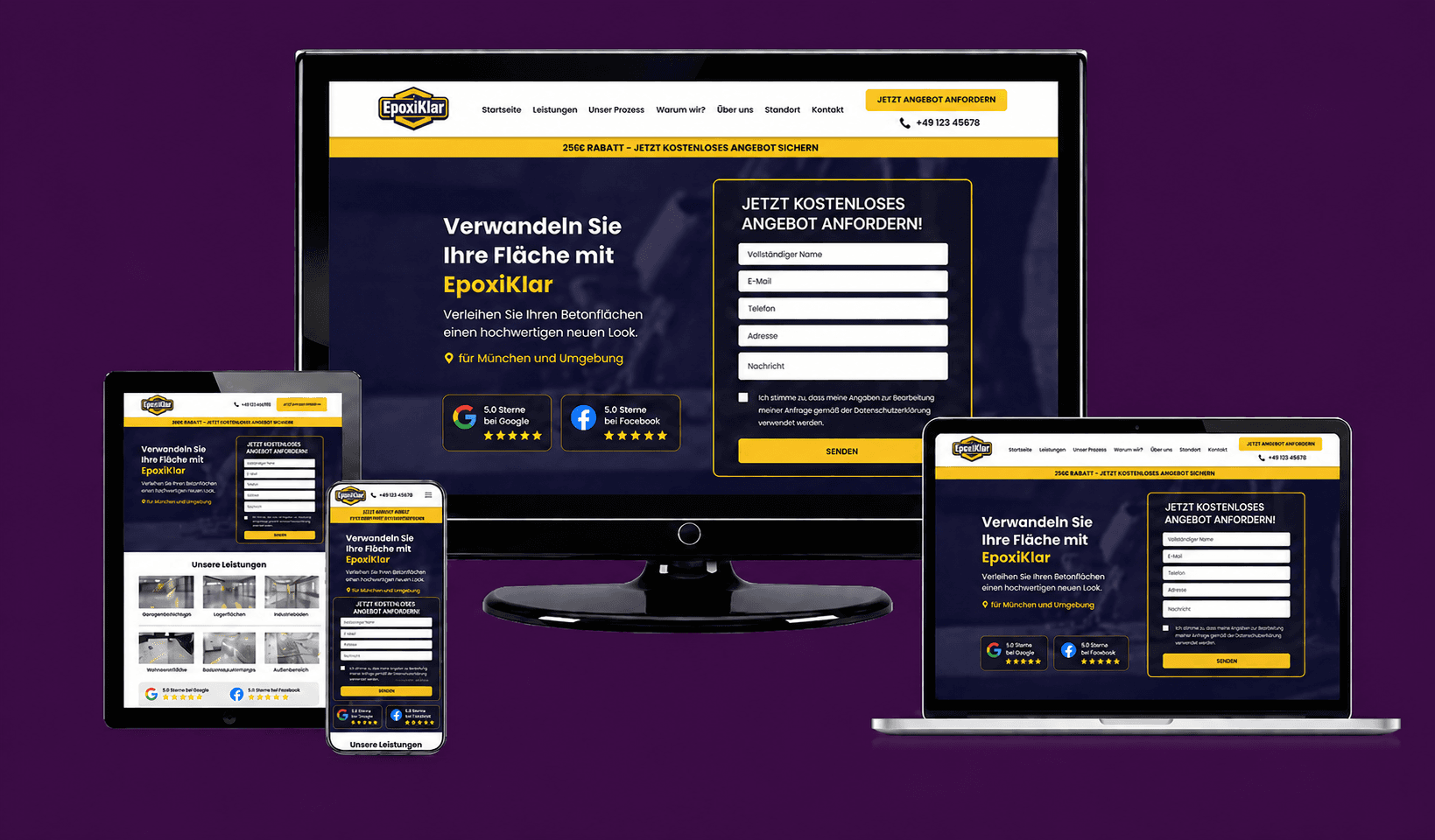 Mehrgeräte-Mockup einer Bodenbeschichtungs-Website "Epoxiklar" mit dunklem Hero, gelben Akzentflächen und Angebotsformular auf Desktop, Laptop, Tablet und Smartphone.