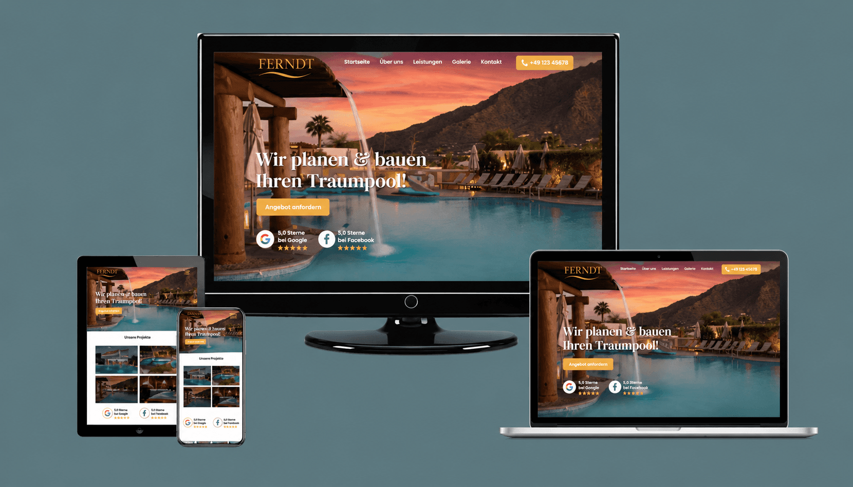 Mehrgeräte-Mockup einer Poolbau-Website "Ferndt" mit Sonnenuntergangs-Pool-Hero und gelben CTAs auf Desktop, Laptop, Tablet und Smartphone.