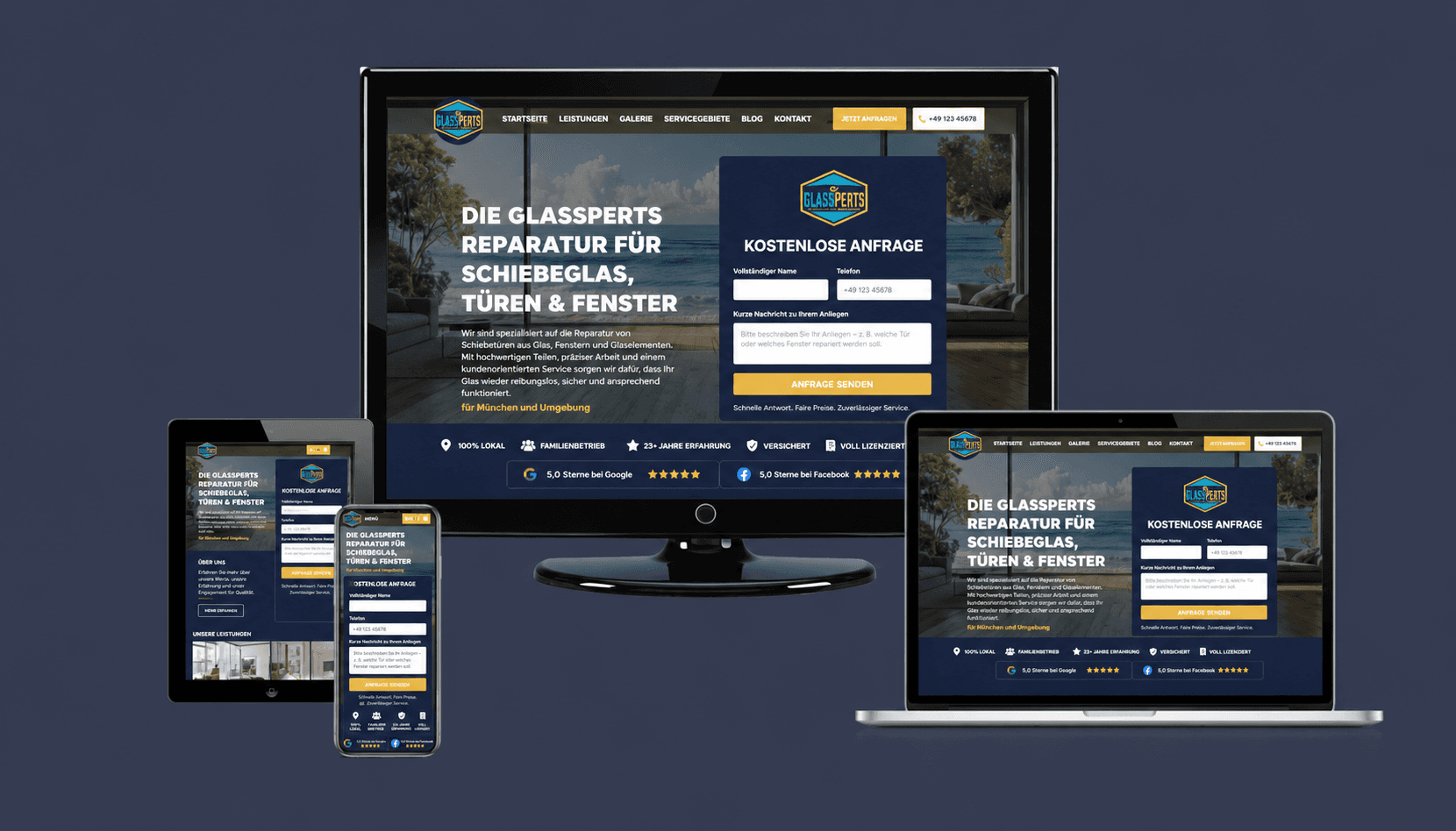Mehrgeräte-Mockup einer Glas- und Fenster-Reparaturwebsite "Glassperts" mit hellem Hero, blauer Marke und Kontaktformular auf Desktop, Laptop, Tablet und Smartphone.