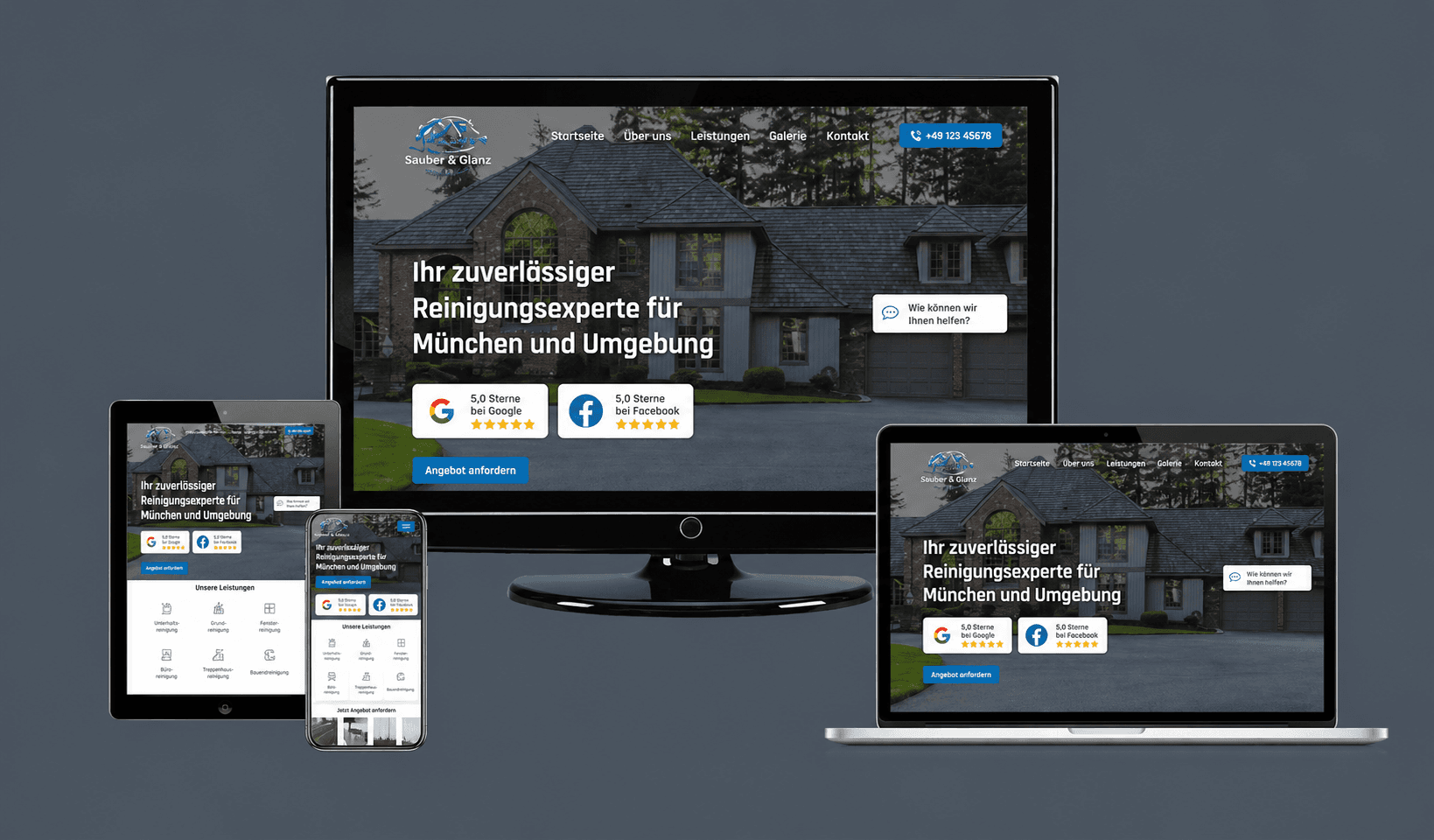 Mehrgeräte-Mockup einer Reinigungs-Website für München und Umgebung mit Wohnhaus-Hero, blauen Akzenten und Bewertungsblock auf Desktop, Laptop, Tablet und Smartphone.