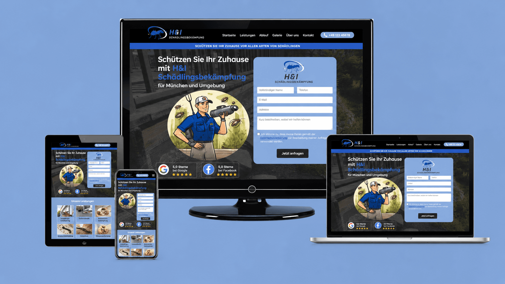 Mehrgeräte-Mockup einer Schädlingsbekämpfungs-Website "HBI" mit blauem Hero, Maskottchen-Illustration und Anfrageformular auf Desktop, Laptop, Tablet und Smartphone.