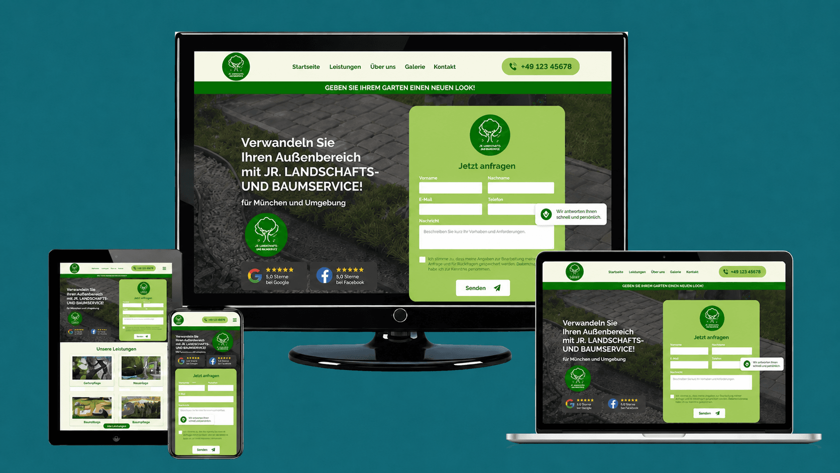 Mehrgeräte-Mockup einer Landschafts- und Baumservice-Website "JR." mit grünem Hero, runder Bildmarke und Anfrageformular auf Desktop, Laptop, Tablet und Smartphone.