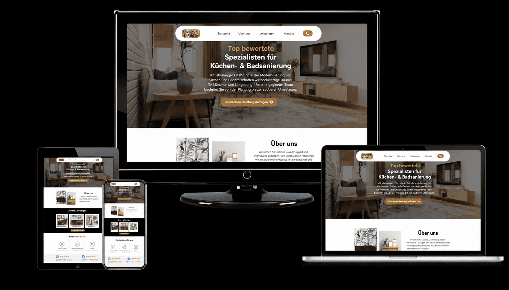 Mehrgeräte-Mockup einer Sanierungs-Website für Küchen und Bäder mit hellem Holz-Look, "Top bewertete Spezialisten"-Hero und Galerieblock auf Desktop, Laptop, Tablet und Smartphone.