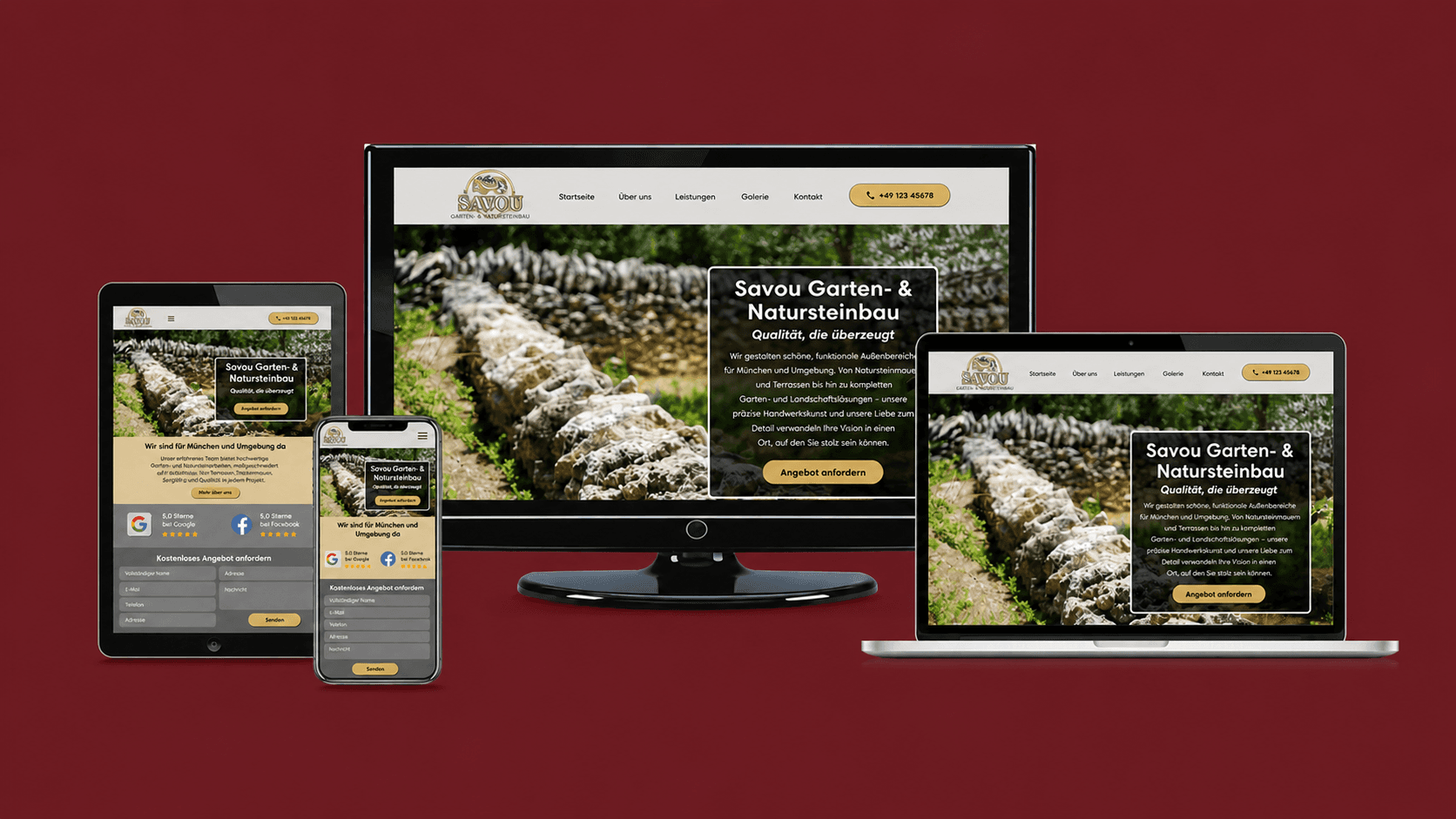 Mehrgeräte-Mockup einer Garten- und Natursteinbau-Website "Savou" mit Naturstein-Hero und gelben CTA-Buttons auf Desktop, Laptop, Tablet und Smartphone.